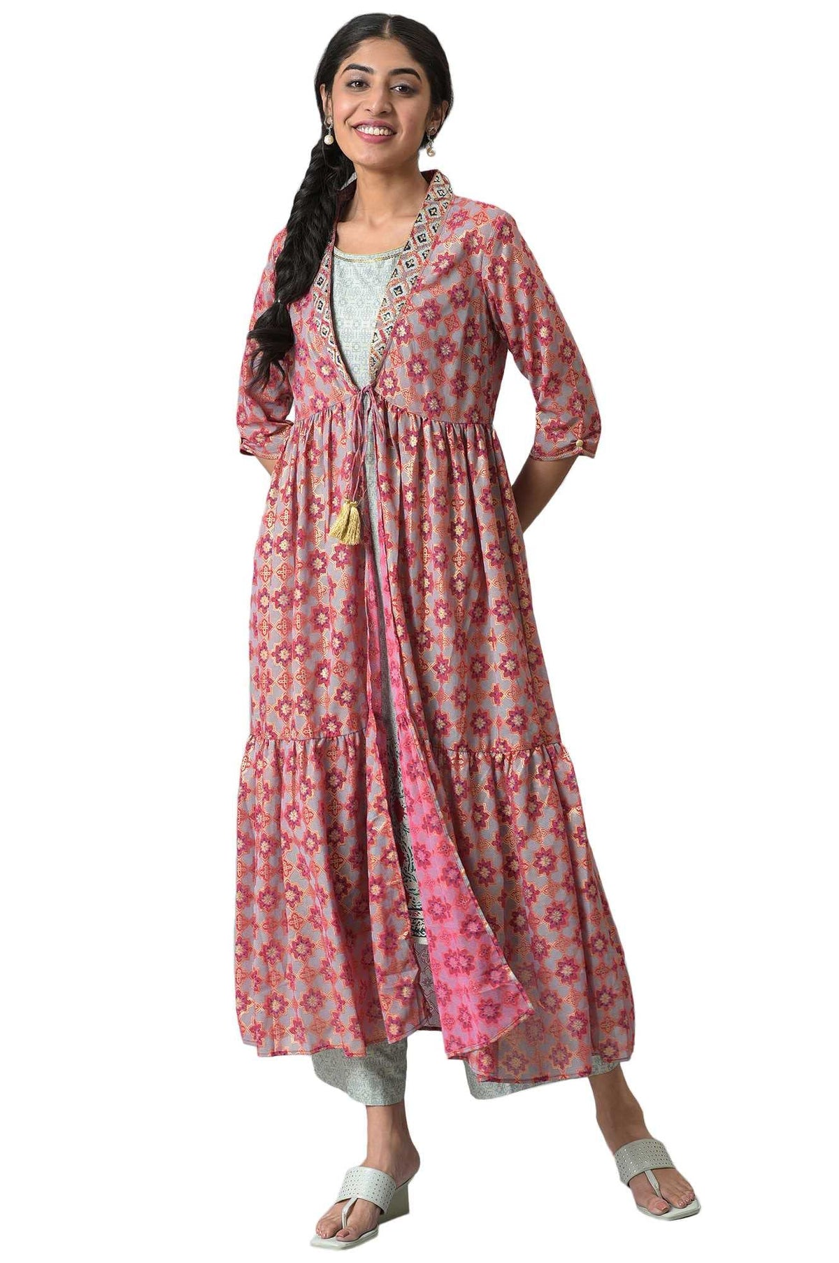 Aurelia Women Green Liva Printed Kurta And Palazzo With Pink Poly Georgette Gilet_22AUAS12678-504830_S