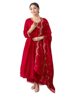 Naixa WomenS Vichitra Silk Embroidered A-Line Kurta With Pant And Dupatta Sets For Wedding Party And Festival Wear (Nx3_443-Red