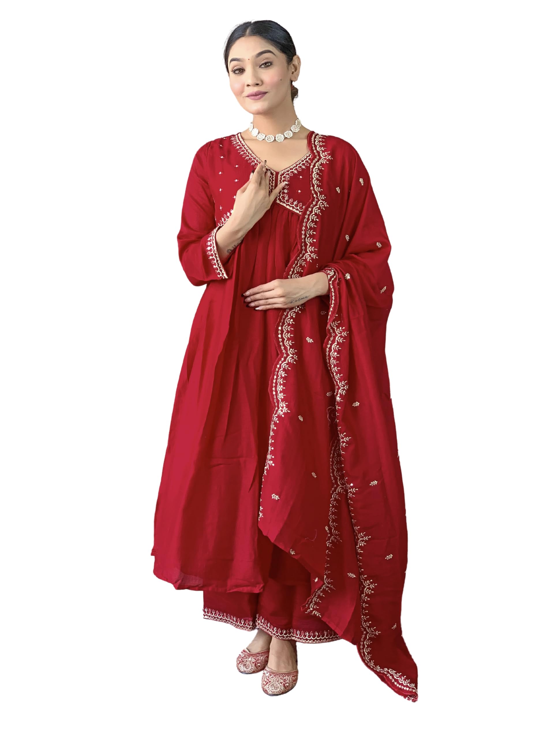 Naixa WomenS Vichitra Silk Embroidered A-Line Kurta With Pant And Dupatta Sets For Wedding Party And Festival Wear (Nx3_443-Red