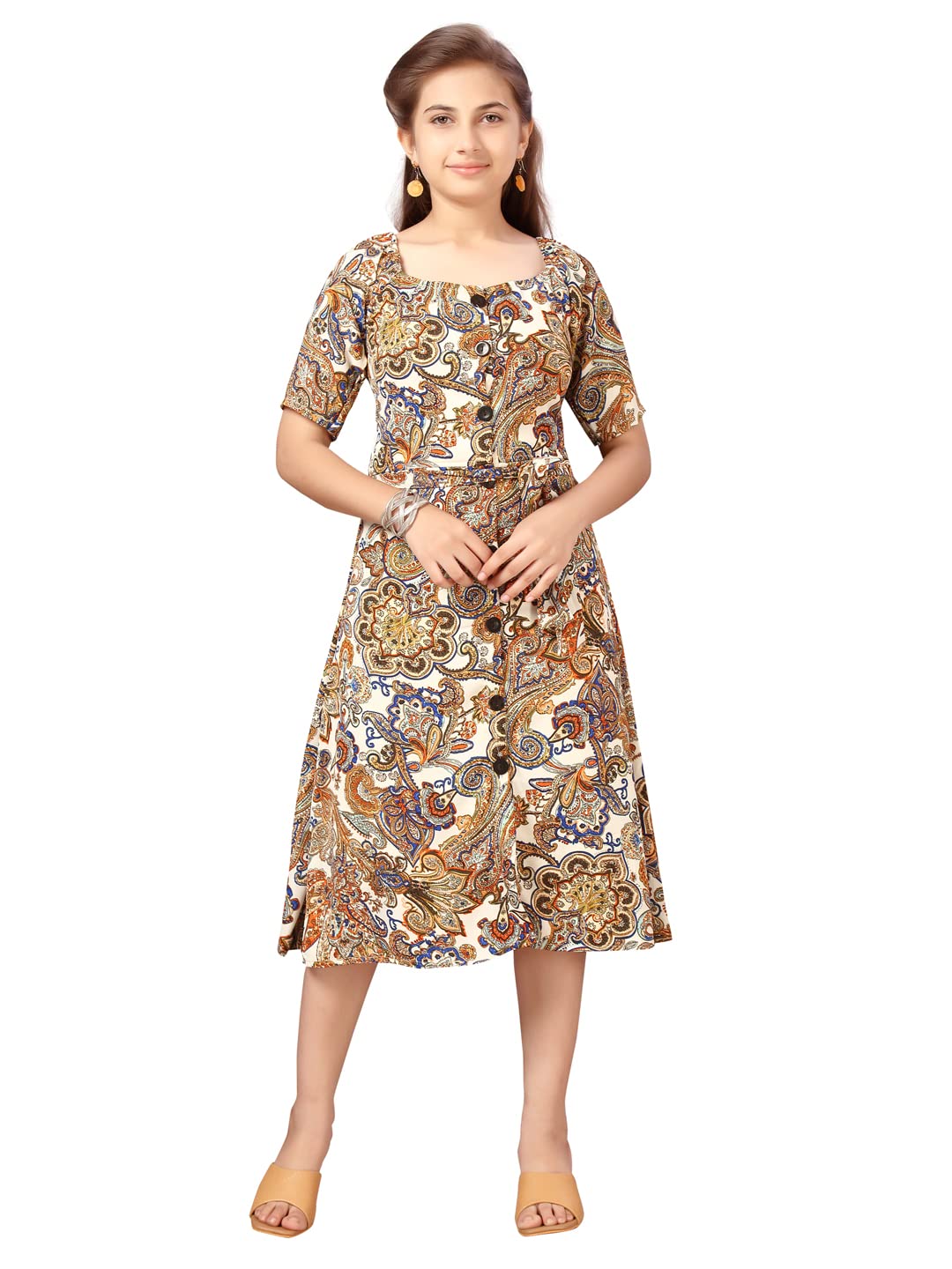 Aarika Girls Cotton Blend Fit and Flare Below The Knee Dress (MD-A-22526_Fawn_32)