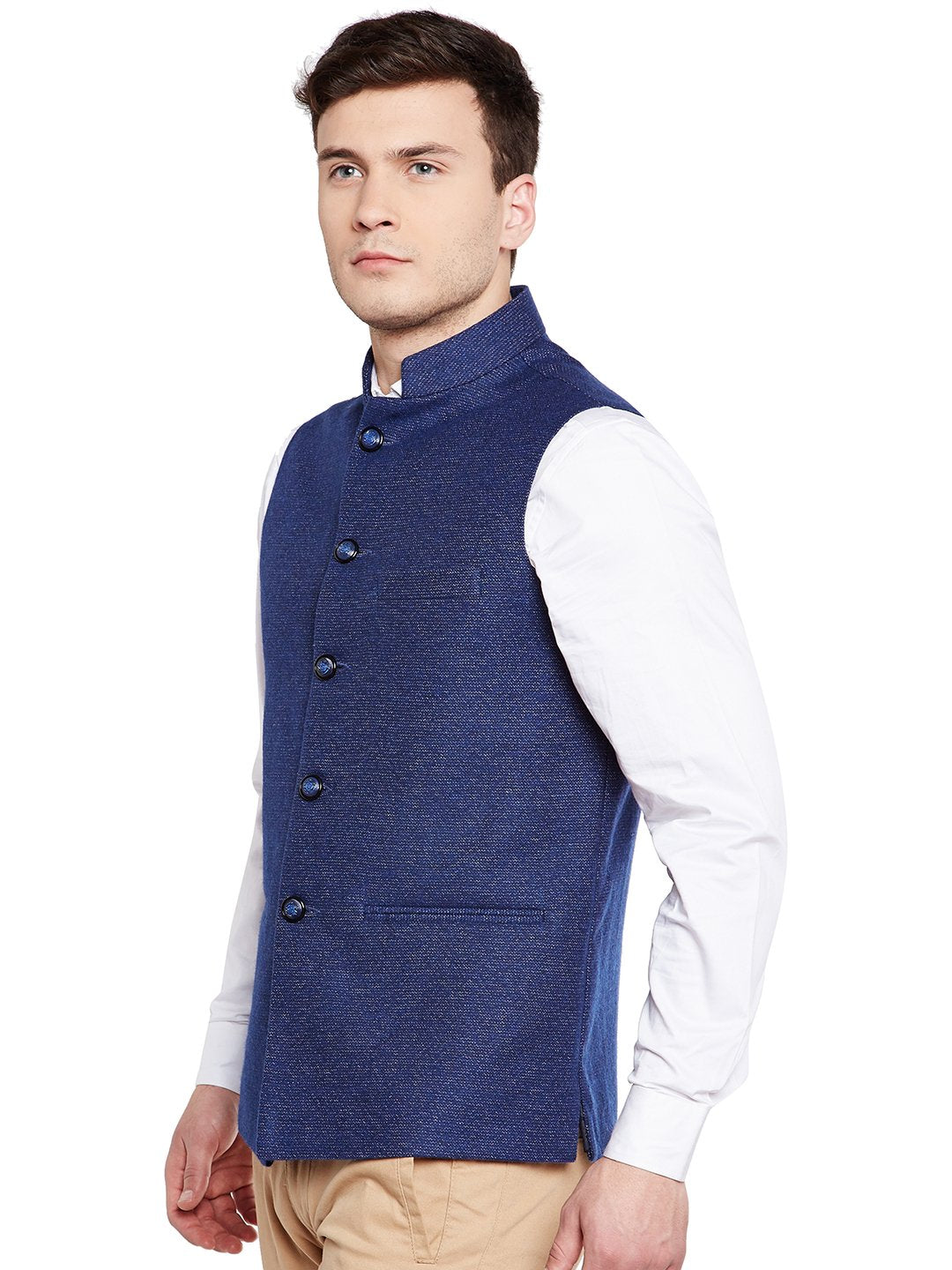 WINTAGE Mens Wool Blend Grandad Nehru Jacket Vest Waistcoat: Blue