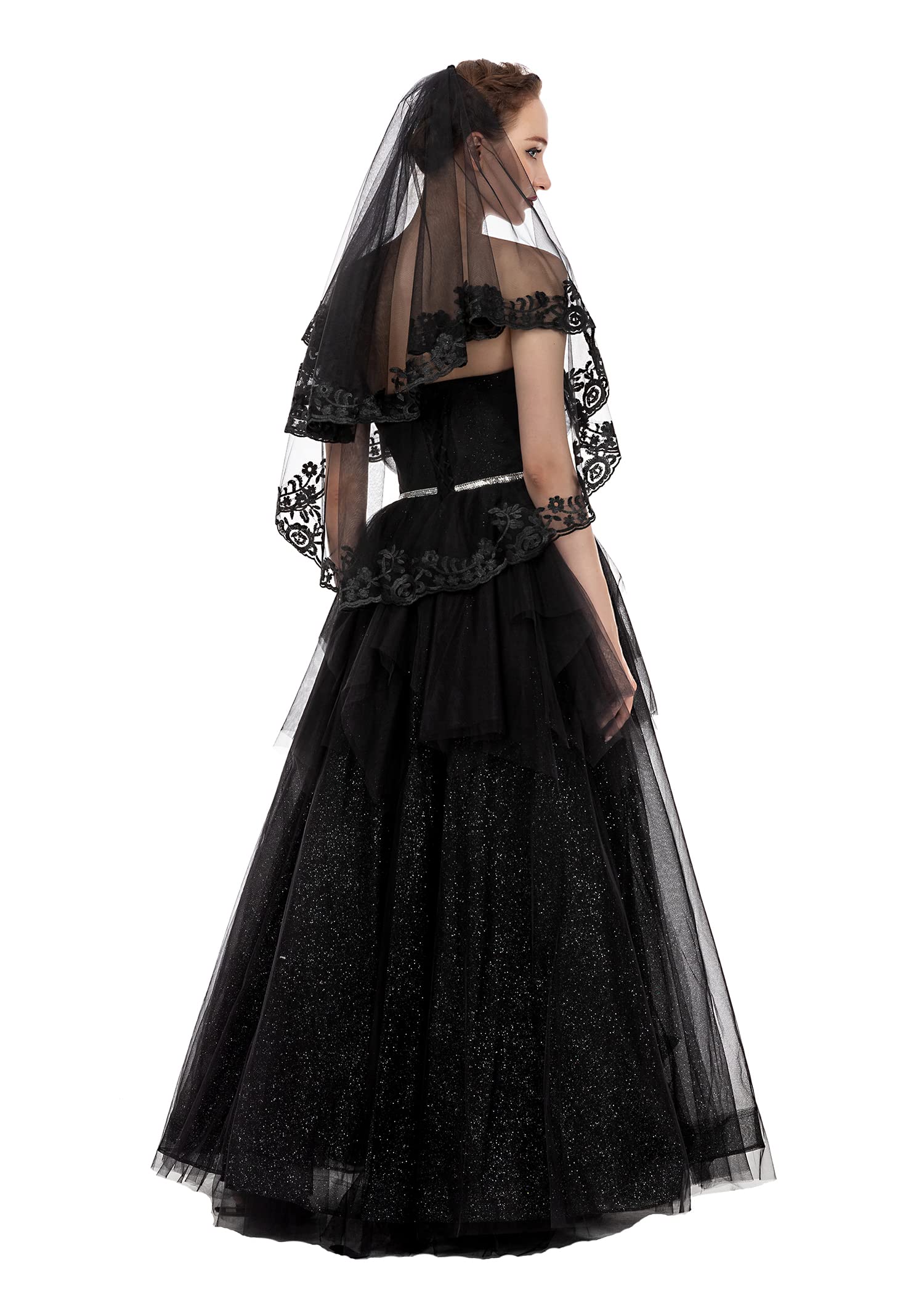 PAMOR Black Lace Veil Creative Mantilla Cathedral Tulle Sheer Wedding Halloween Veil for Bride With Comb