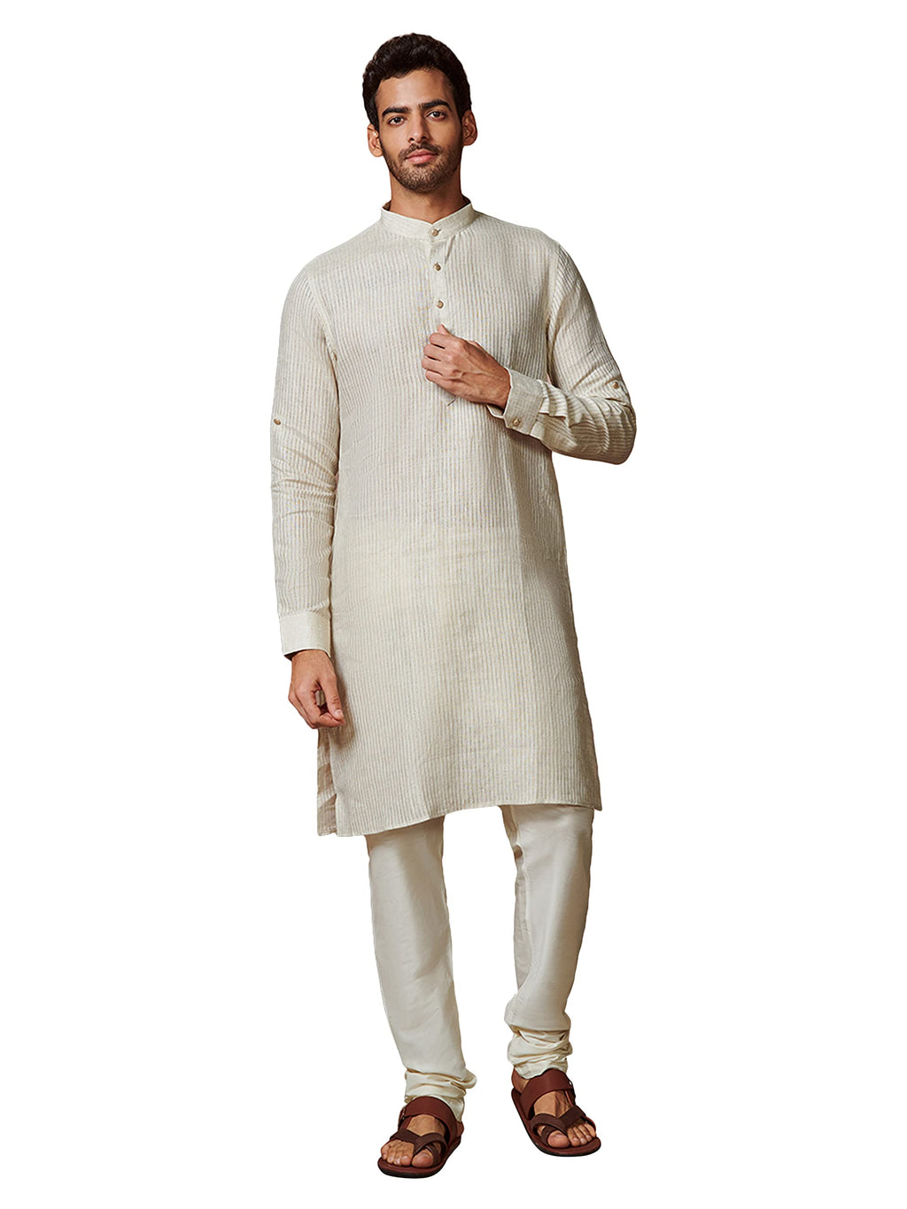 Manyavar Mens Kurta, Full Sleeve Mandarin Collared Ethnic Knee Length Kurta, Linen Kurta For Festival, Wedding, Party, Anniversa
