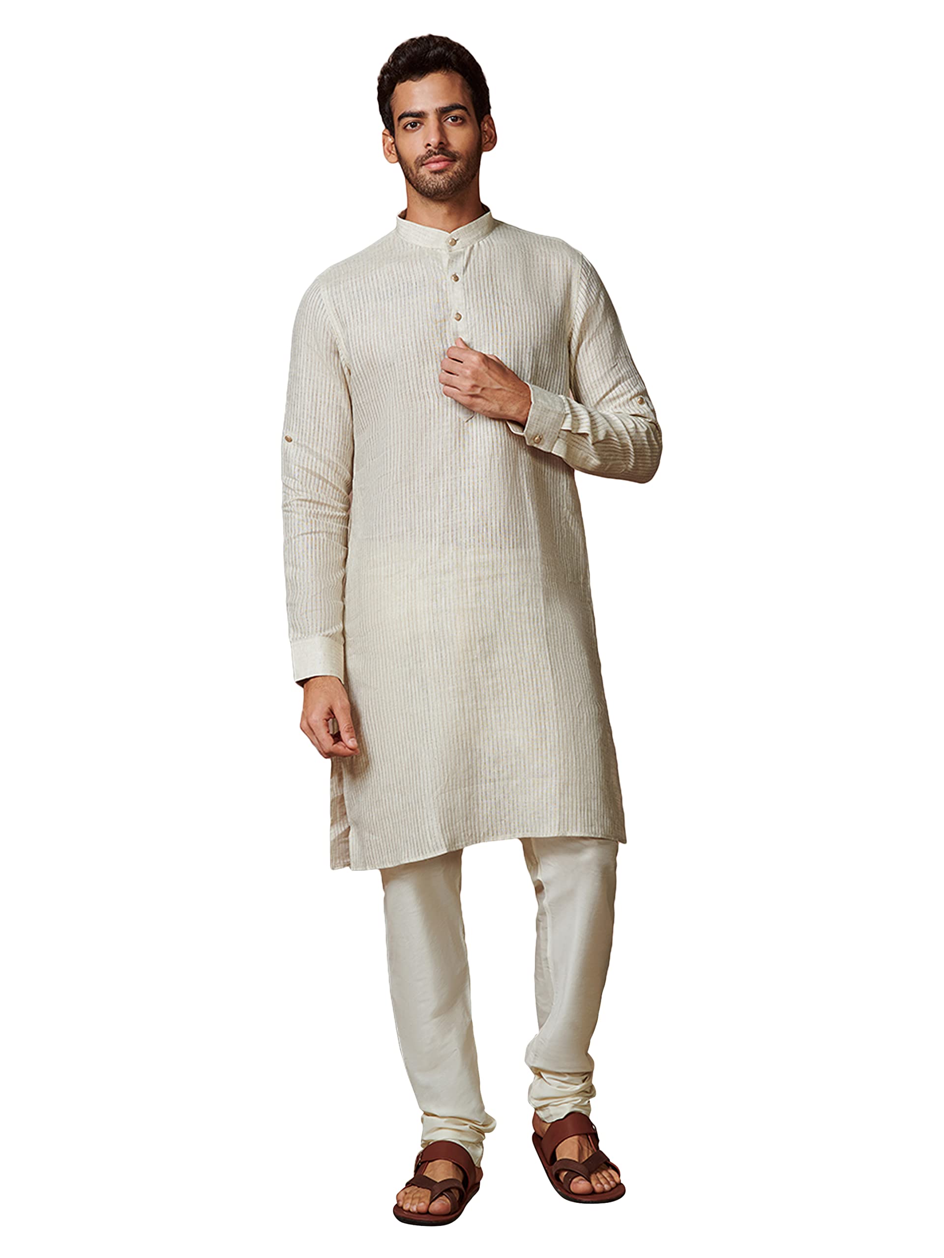 Manyavar Mens Kurta, Full Sleeve Mandarin Collared Ethnic Knee Length Kurta, Linen Kurta For Festival, Wedding, Party, Anniversa