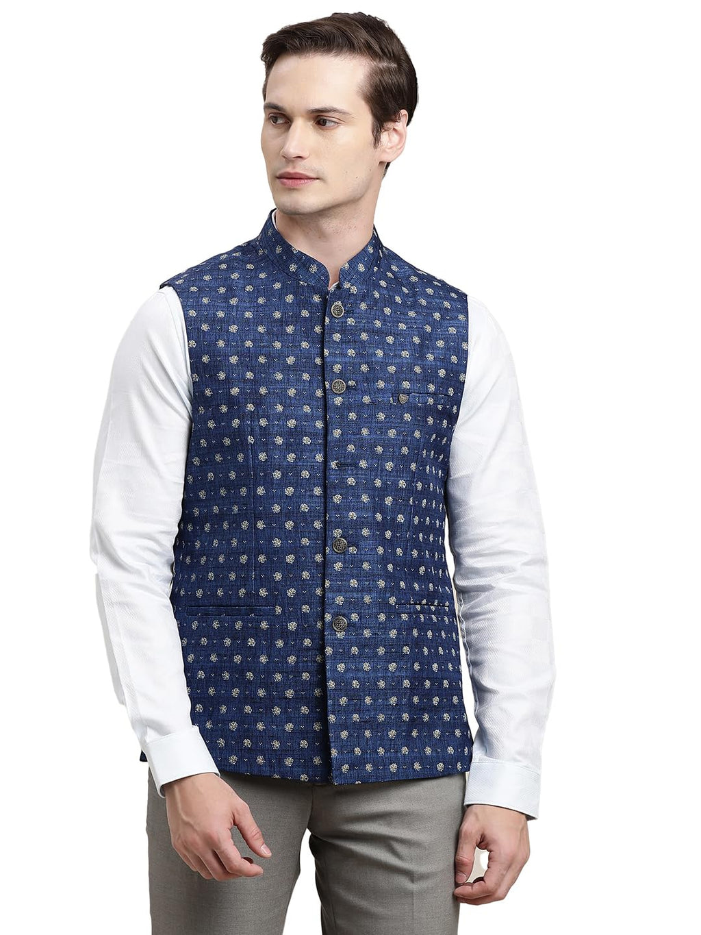 Turtle Men Blue 100% Cotton Dobby Formal Nehru Jacket