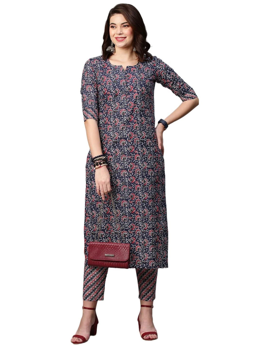 Gosriki Women'S Cotton Blend Traditional Straight Printed Kurta And Palazzo Set (Janar Dark Blue-32_Xxl-Gs_Dark Blue_Xx-Large)