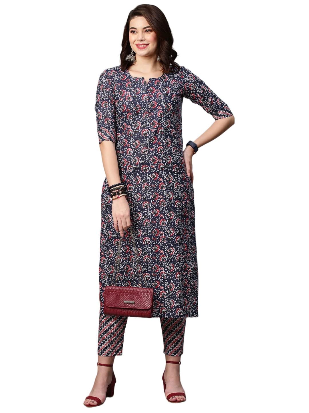 Gosriki Women'S Cotton Blend Traditional Straight Printed Kurta And Palazzo Set (Janar Dark Blue-32_Xxl-Gs_Dark Blue_Xx-Large)