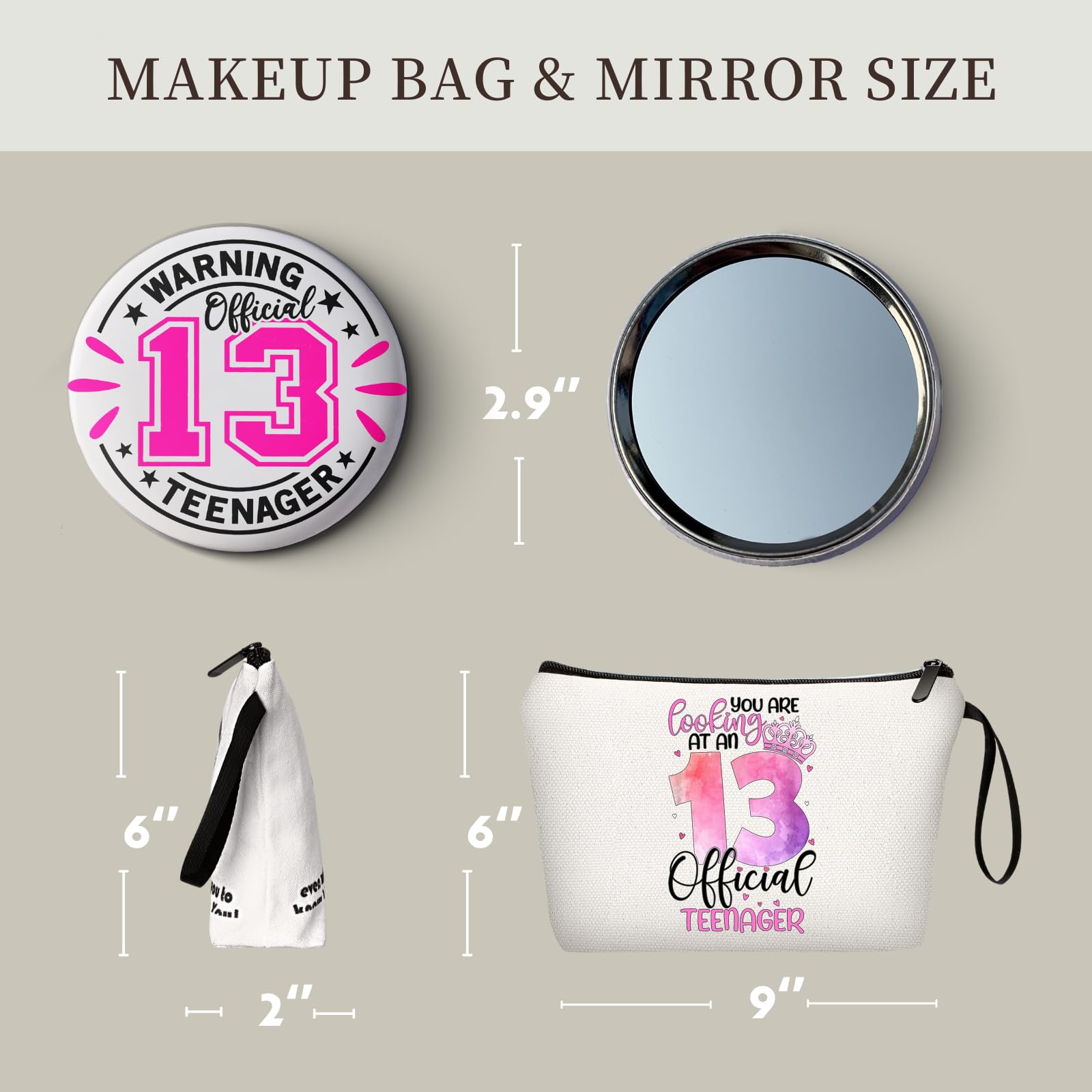 13 Year Old Girl Birthday Gifts, Gifts for 13 Year Old Girls, Teen Girl Birthday Gifts, Makeup Bag with Compact Mirror, Birthday