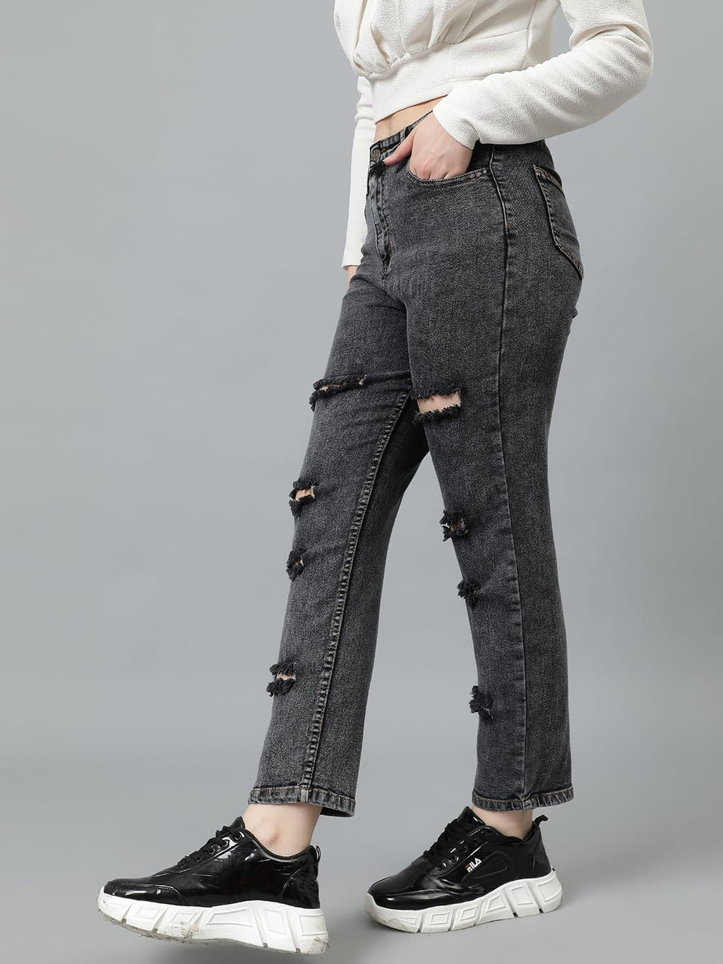 Kotty Women High Rise Cotton Lycra Distressed Jeans