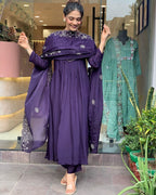 ANNI DESIGNER Womens Rayon Blend Anarkali Embroidered Kurta with Pant & Dupatta (Mine Violet_S_Violet_Small)
