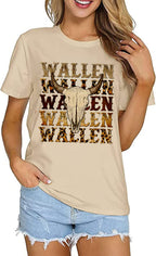 Wallen Shirt Women Funny Leopard Steer Skull Graphic Tee Top Country Music Shirt Western Short Sleeve Letter Print Shirt (Meduim