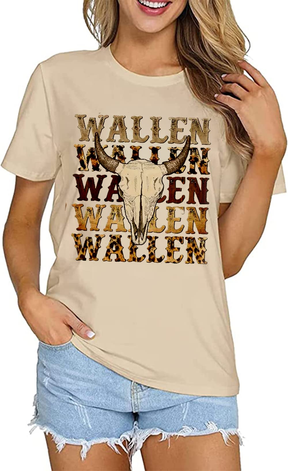 Wallen Shirt Women Funny Leopard Steer Skull Graphic Tee Top Country Music Shirt Western Short Sleeve Letter Print Shirt (Meduim