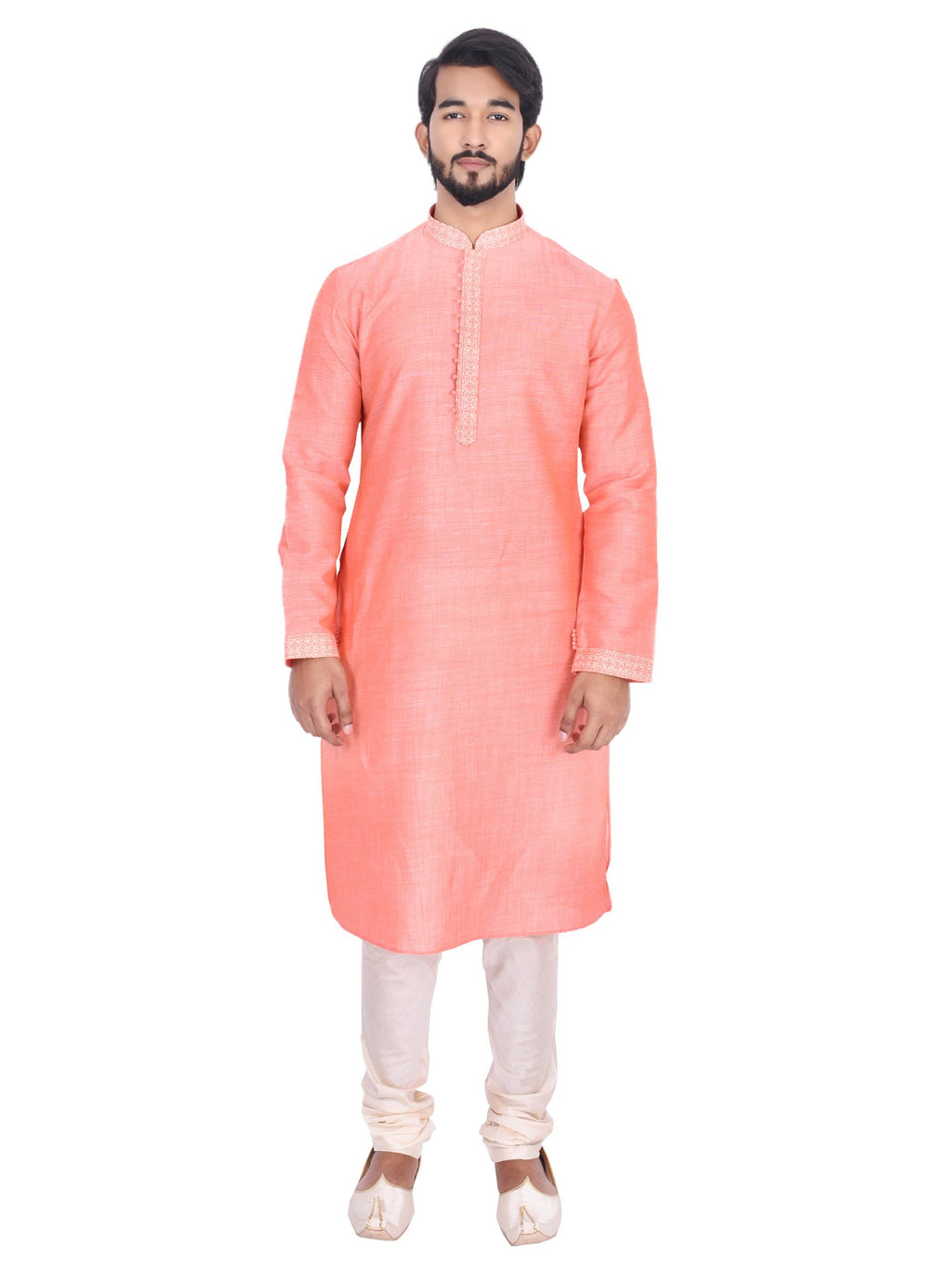 Manyavar MenS Orange Full Sleeve Regular Fit Textured Kurta & Churidar Set, Medium, (Model: Sdes369)