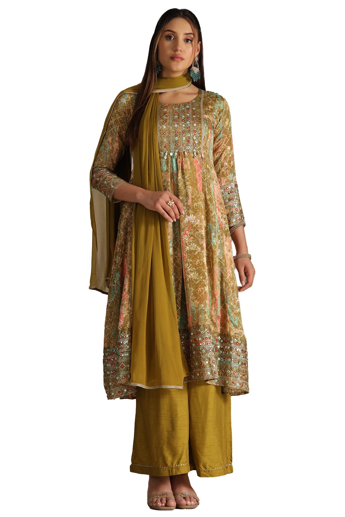 Soch Women Chinon Ethnic Motifs Suit Set with Faux Mirror and Sequins