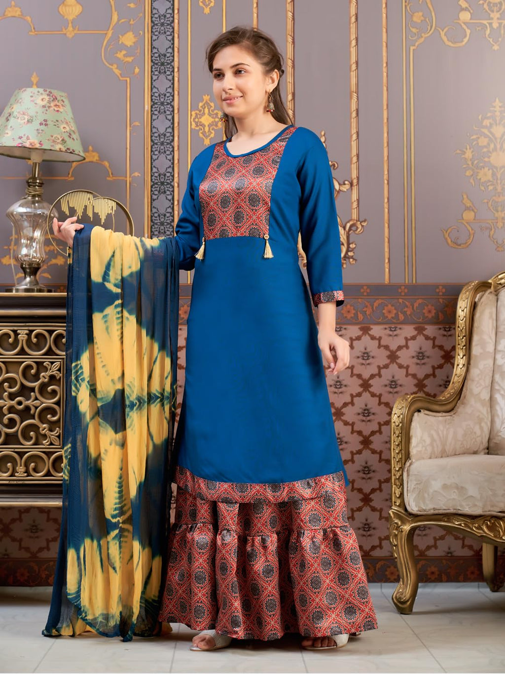 Aarika Girls Ethnic Wear Teal Blue Colour Damask Print Rayon Kurti-(8-15 Years)-(Kurti-Tr-K-865)