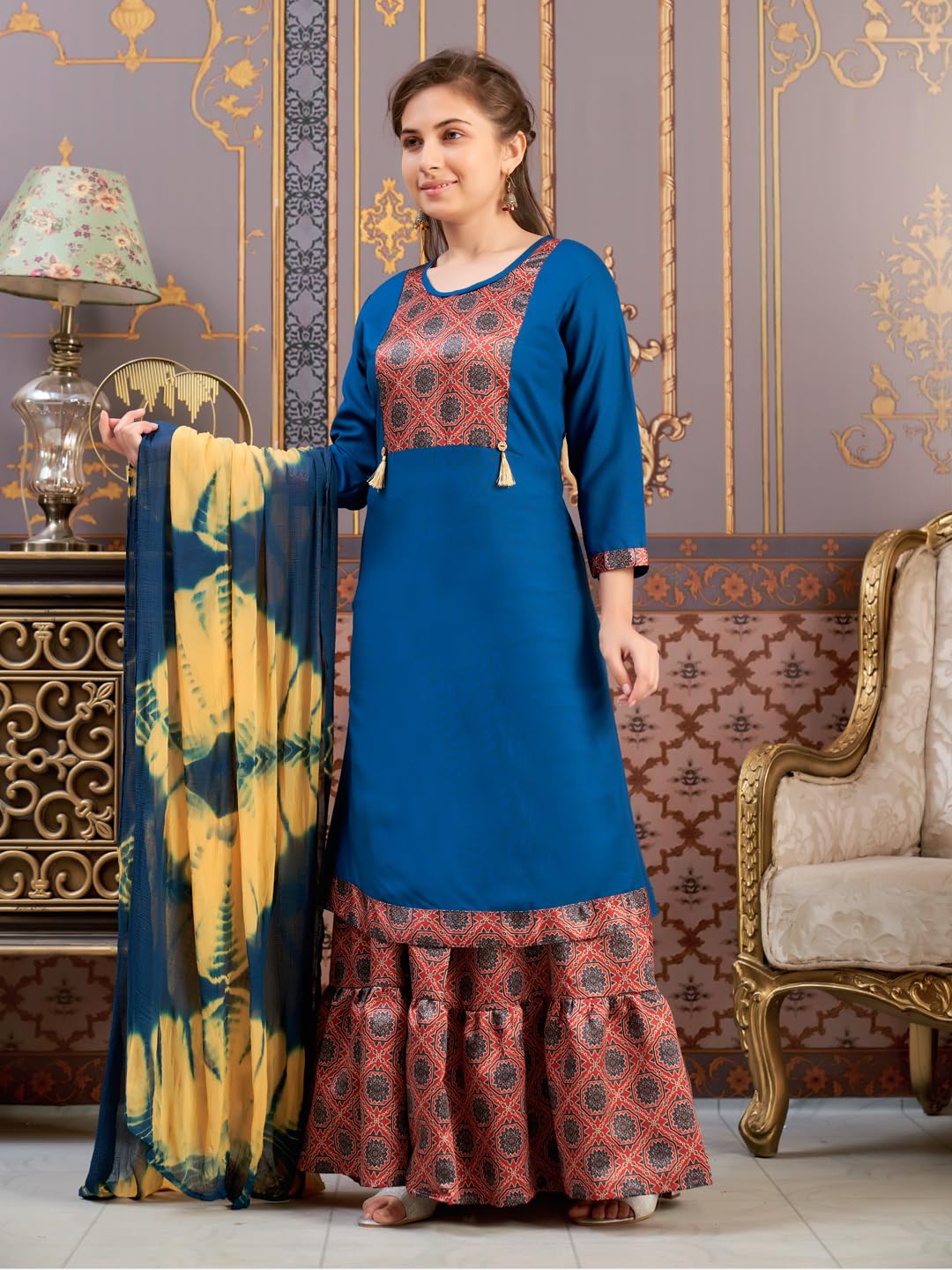 Aarika Girls Ethnic Wear Teal Blue Colour Damask Print Rayon Kurti-(8-15 Years)-(Kurti-Tr-K-865)