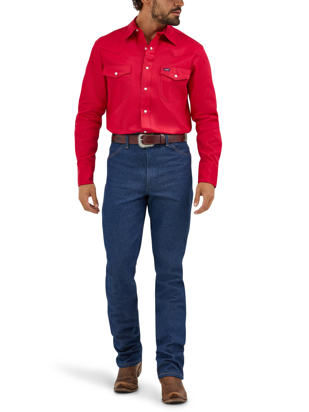 Wrangler Mens Cowboy Cut Western Two Pocket Long Sleeve Snap Work Shirt - Firm Finish - B&T,Red,4X