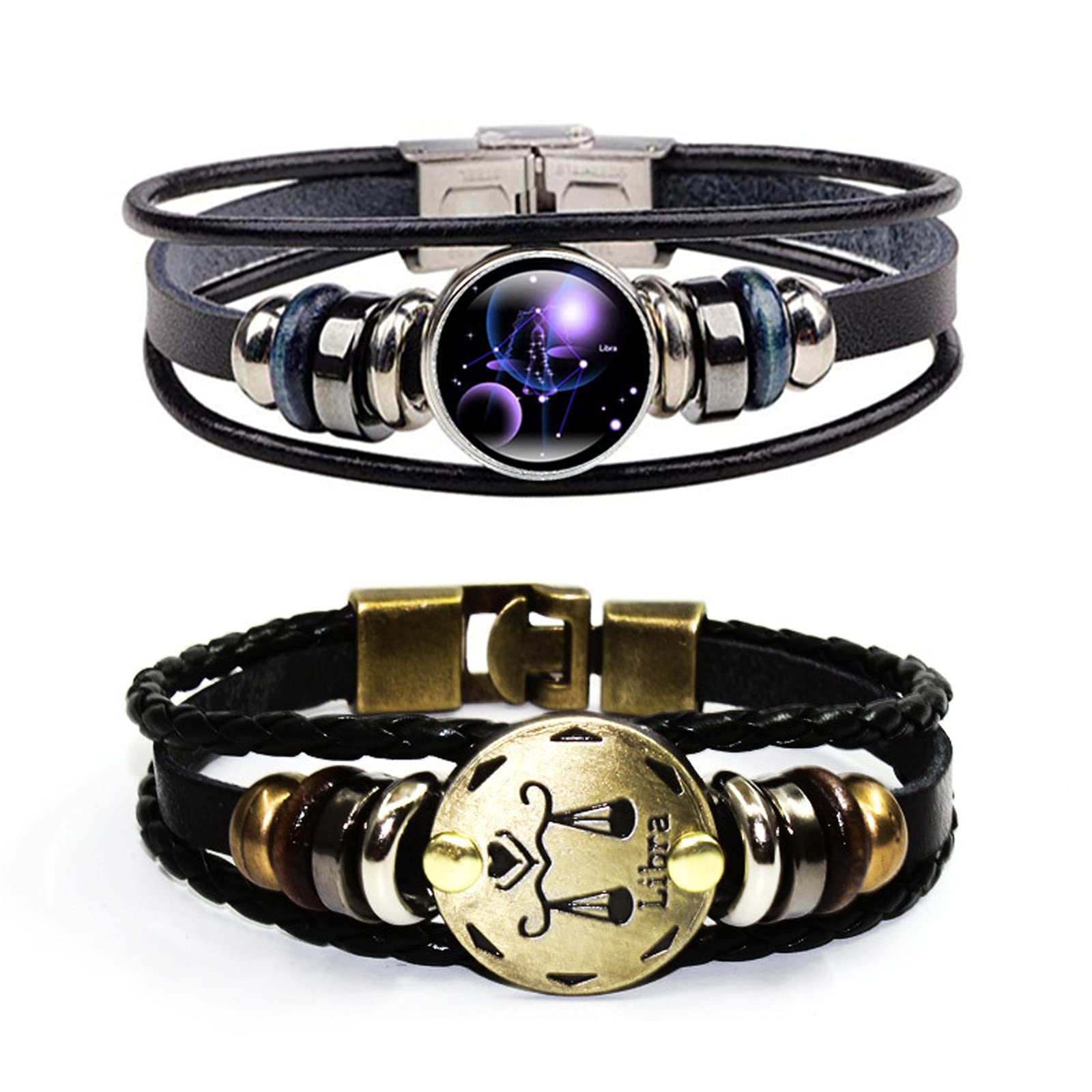 Dcfywl731 2Pcs Libra Zodiac Bracelets for Women 12 Constellations Multilayer Leather Bracelet Handmade Woven Zodiac Sign Wrap Wr
