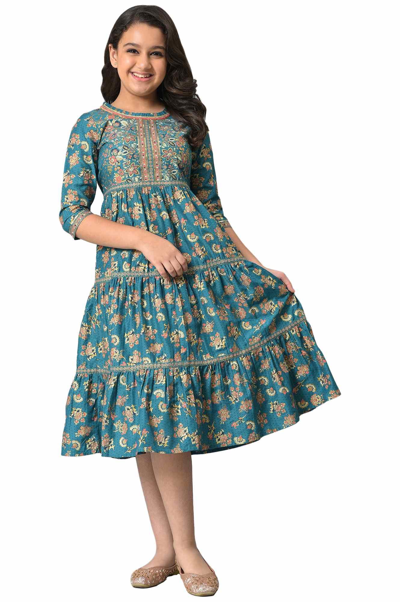 Aurelia Girls Polyester Fit and Flare Knee-Length Casual Dress (22AUG10278C-505737_Green