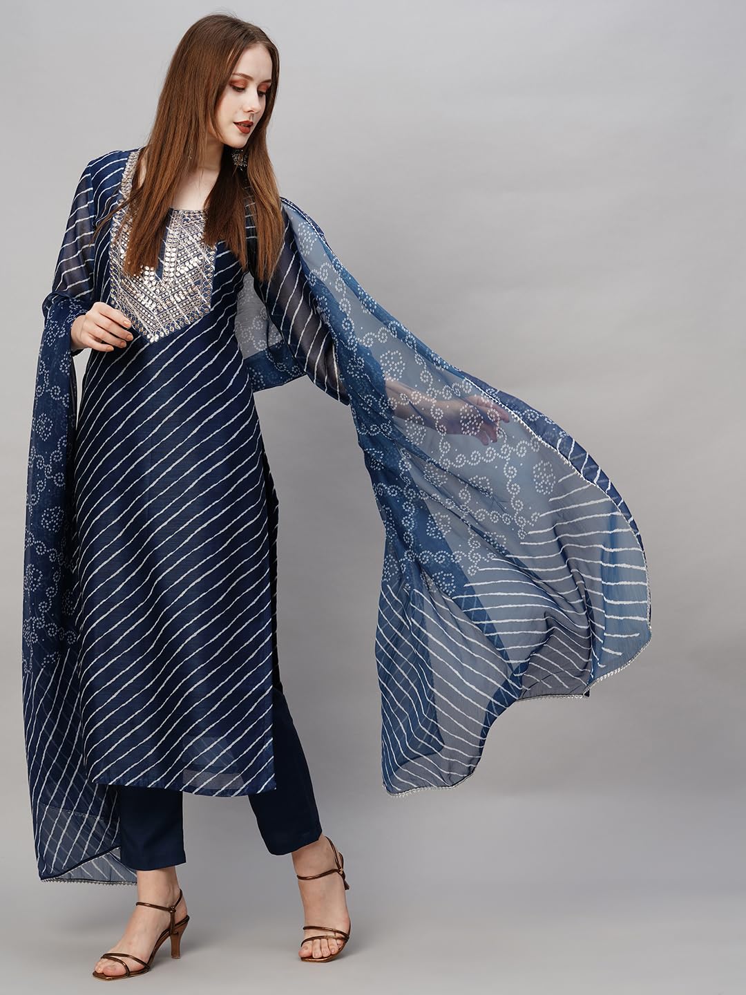 ANNI DESIGNER Womens Cotton Blend Straight Printed Kurta with Pant & Dupatta (Doremi Navy-NW_3XL_Navy Blue_XXX-Large)