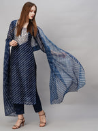 ANNI DESIGNER Womens Cotton Blend Straight Printed Kurta with Pant & Dupatta (Doremi Navy-NW_L_Navy Blue_Large)