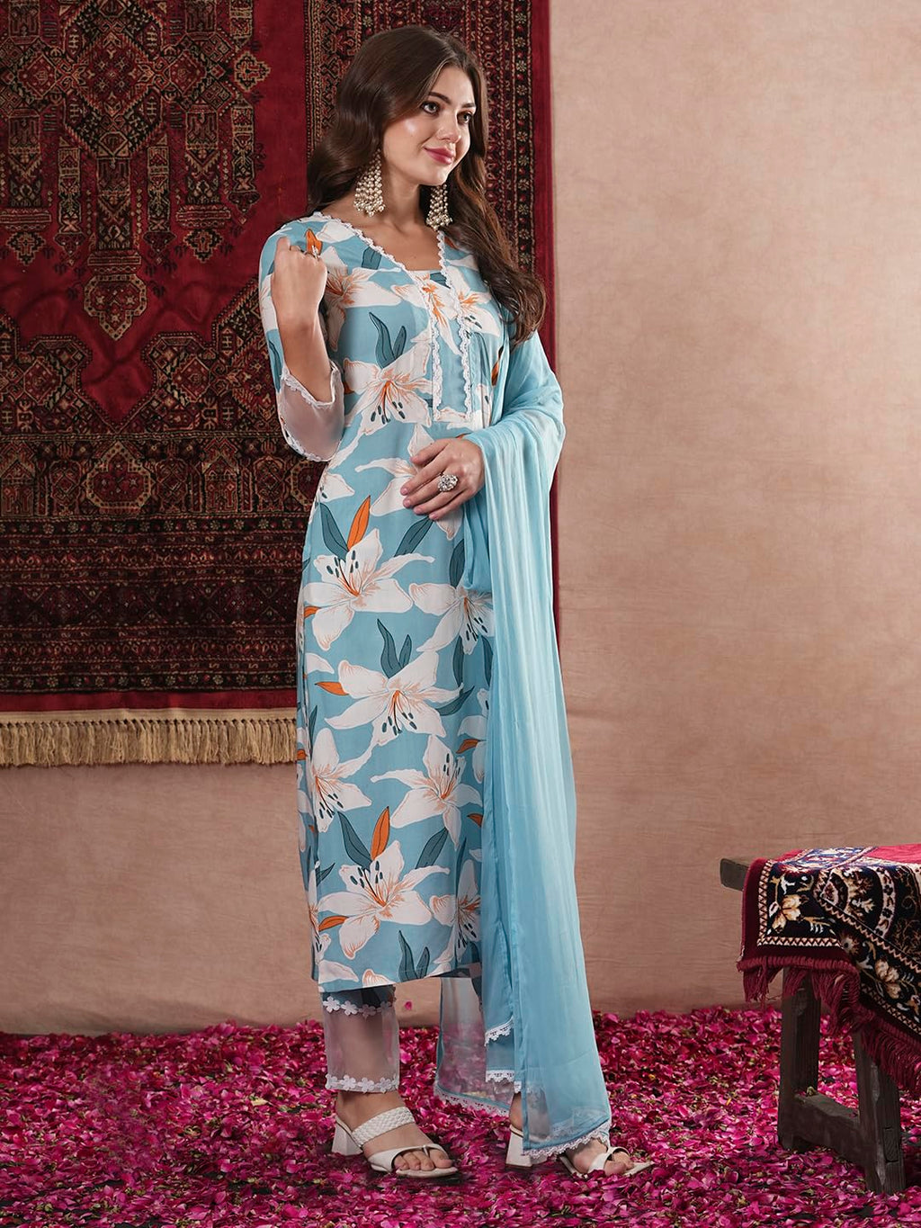 ANNI DESIGNER Ladies Cotton Blend Straight Print Cropped Trousers and Dupatta Kurta, Blue sky, XL