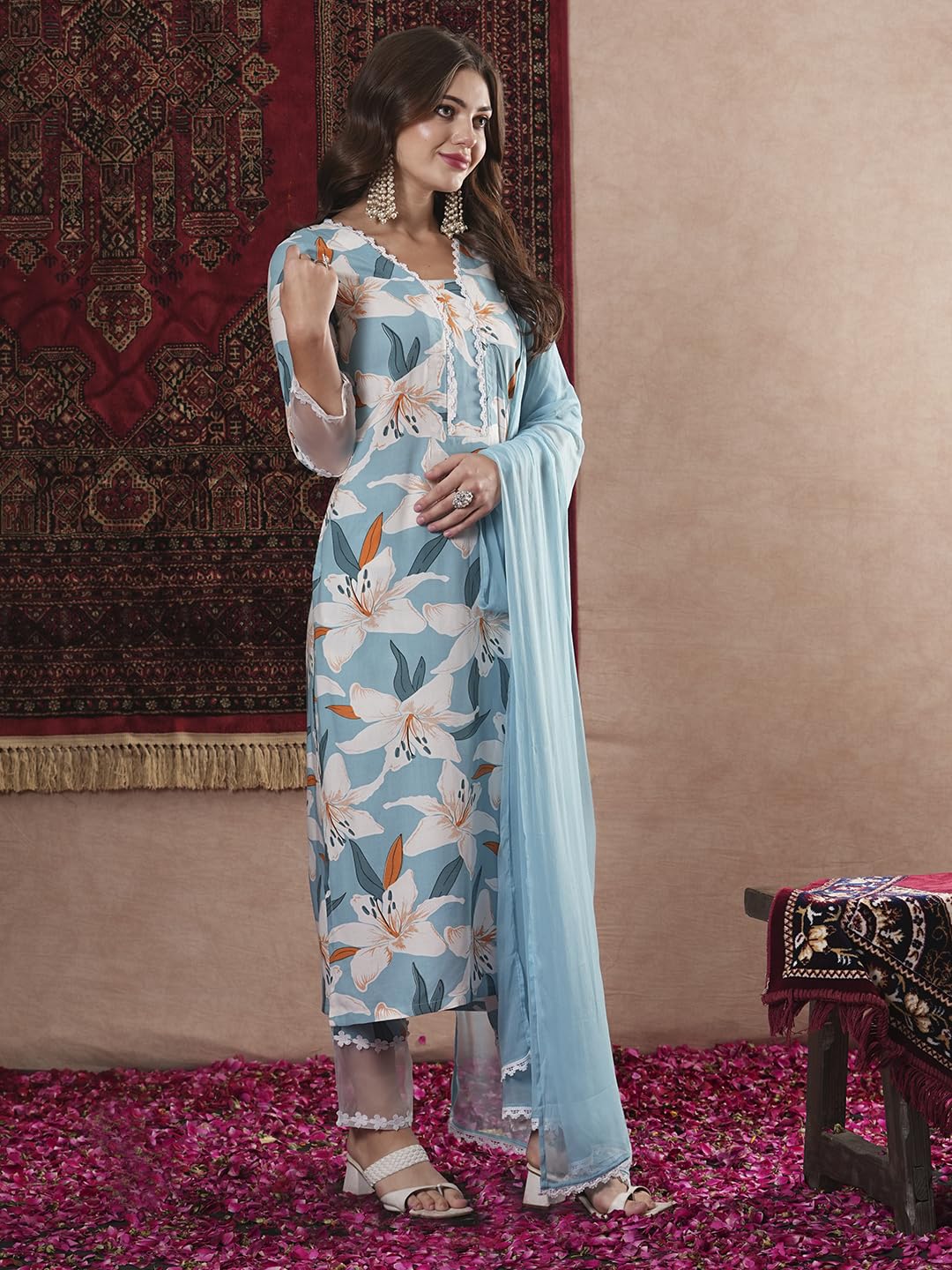 ANNI DESIGNER Ladies Cotton Blend Straight Print Cropped Trousers and Dupatta Kurta, Blue sky, XL