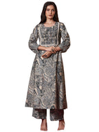 ANNI DESIGNER Womens Rayon Blend Straight Printed Kurta with Pant (Marco Grey_L_Grey_Large)
