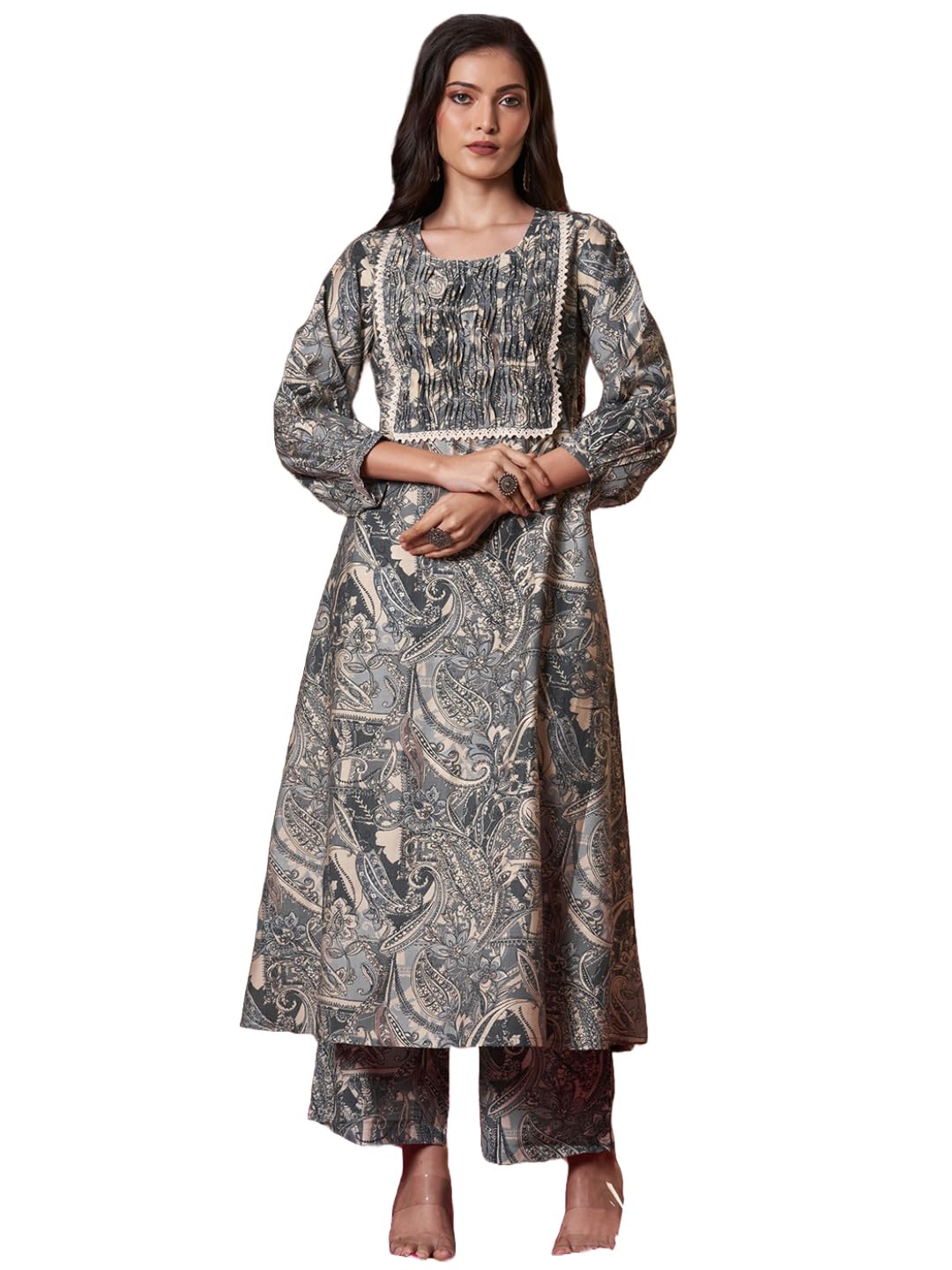 ANNI DESIGNER Womens Rayon Blend Straight Printed Kurta with Pant (Marco Grey_L_Grey_Large)