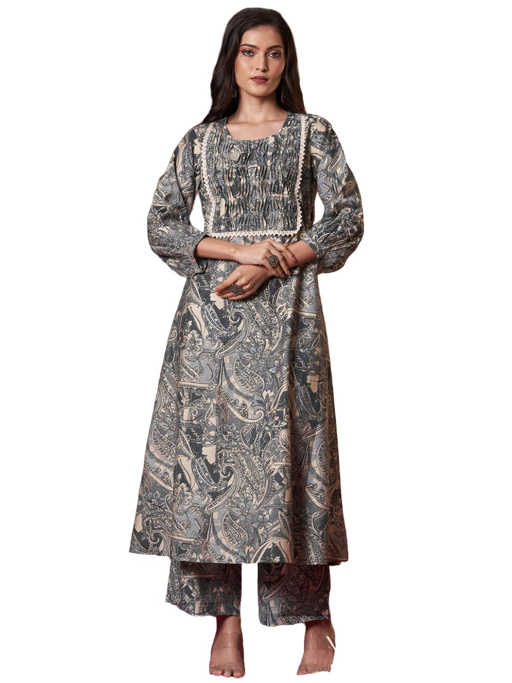 ANNI DESIGNER Womens Rayon Blend Straight Printed Kurta with Pant (Marco Grey_XL_Grey_X-Large)