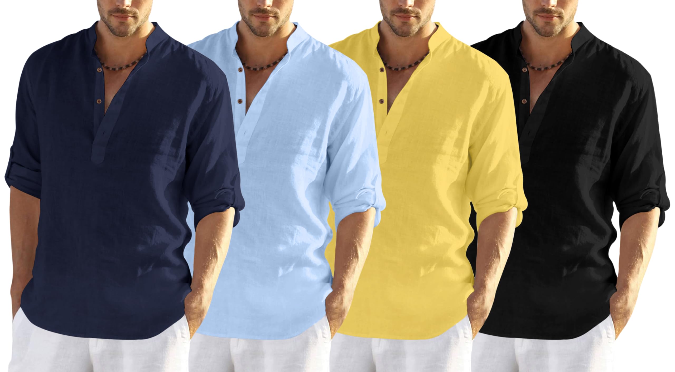 Zombom MenS Cotton Blend Solid Full Sleeve Kurta Shirt, Multicolor, L, Combo Set Of 4