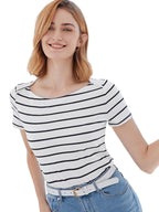 Toochki Womens Cap Sleeves Top with Striped Printed Regular Fit and Boat Neck Regular Length