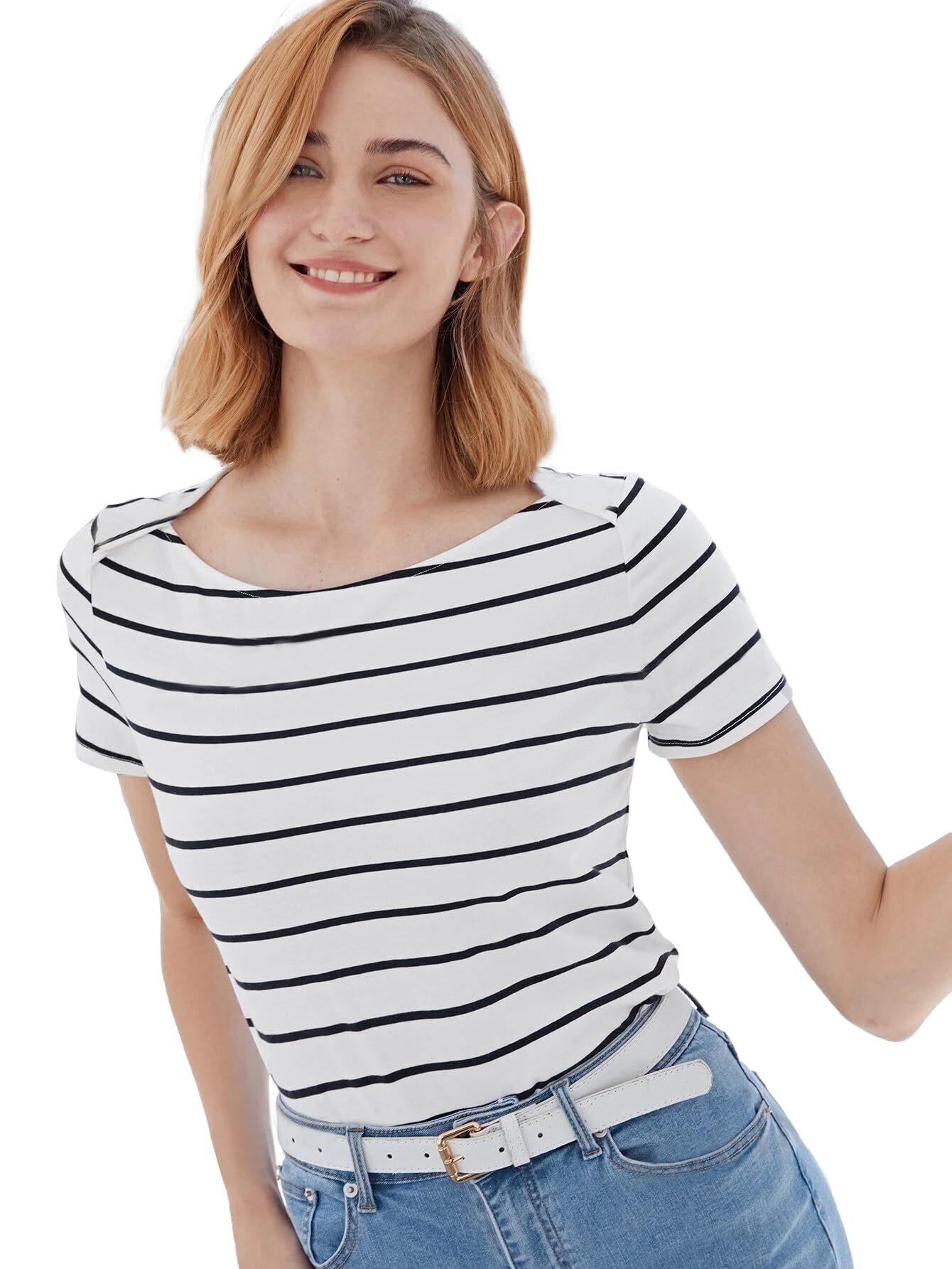 Toochki Womens Cap Sleeves Top with Striped Printed Regular Fit and Boat Neck Regular Length