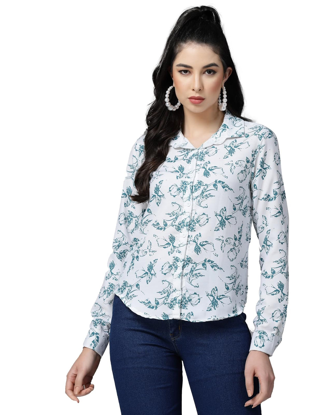 OOMPH! Shirts for Women, Floral Printed, White, Blue