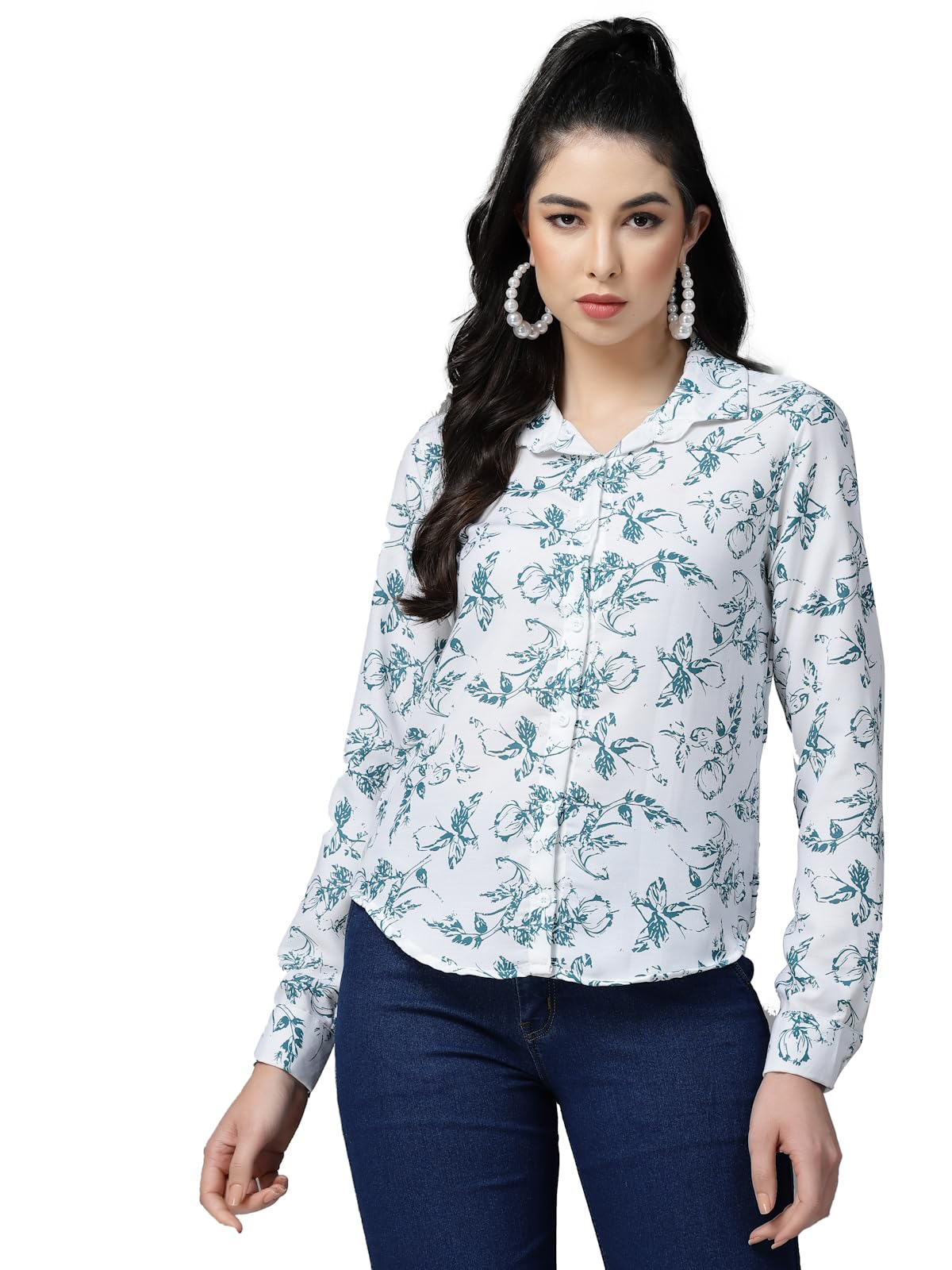 OOMPH! Shirts for Women, Floral Printed, White, Blue