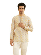 Manyavar Blended Cotton MenS Floral Print Short Kurta (Beige,Xl)