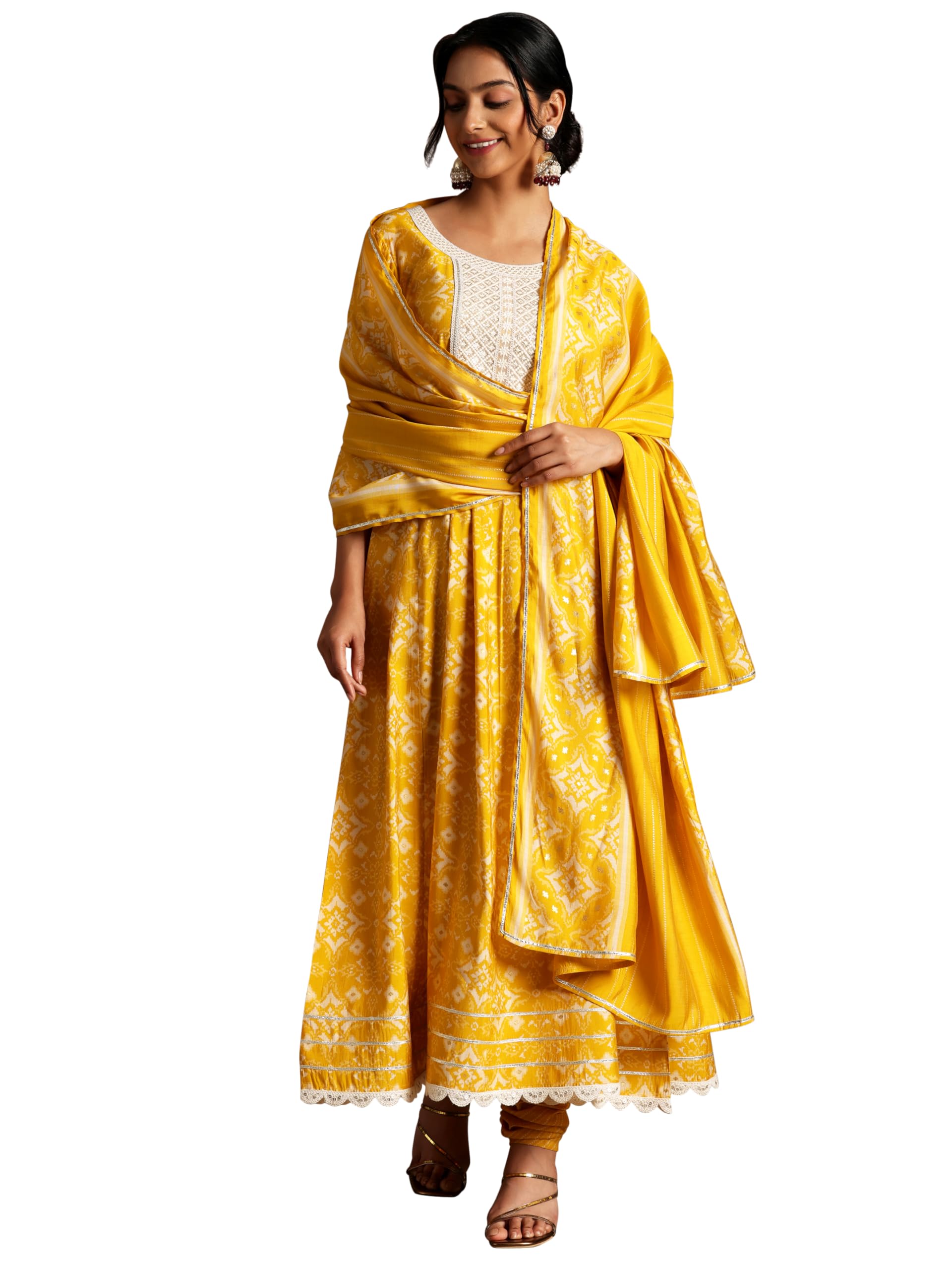 Libas Women Mustard Printed Silk Blend Anarkali Kurta Set With Churidar & Dupatta