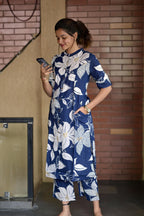 ANNI DESIGNER Womens Rayon Viscose Straight Printed Kurta with Pant (Sunoni Blue_M_Blue_Medium)