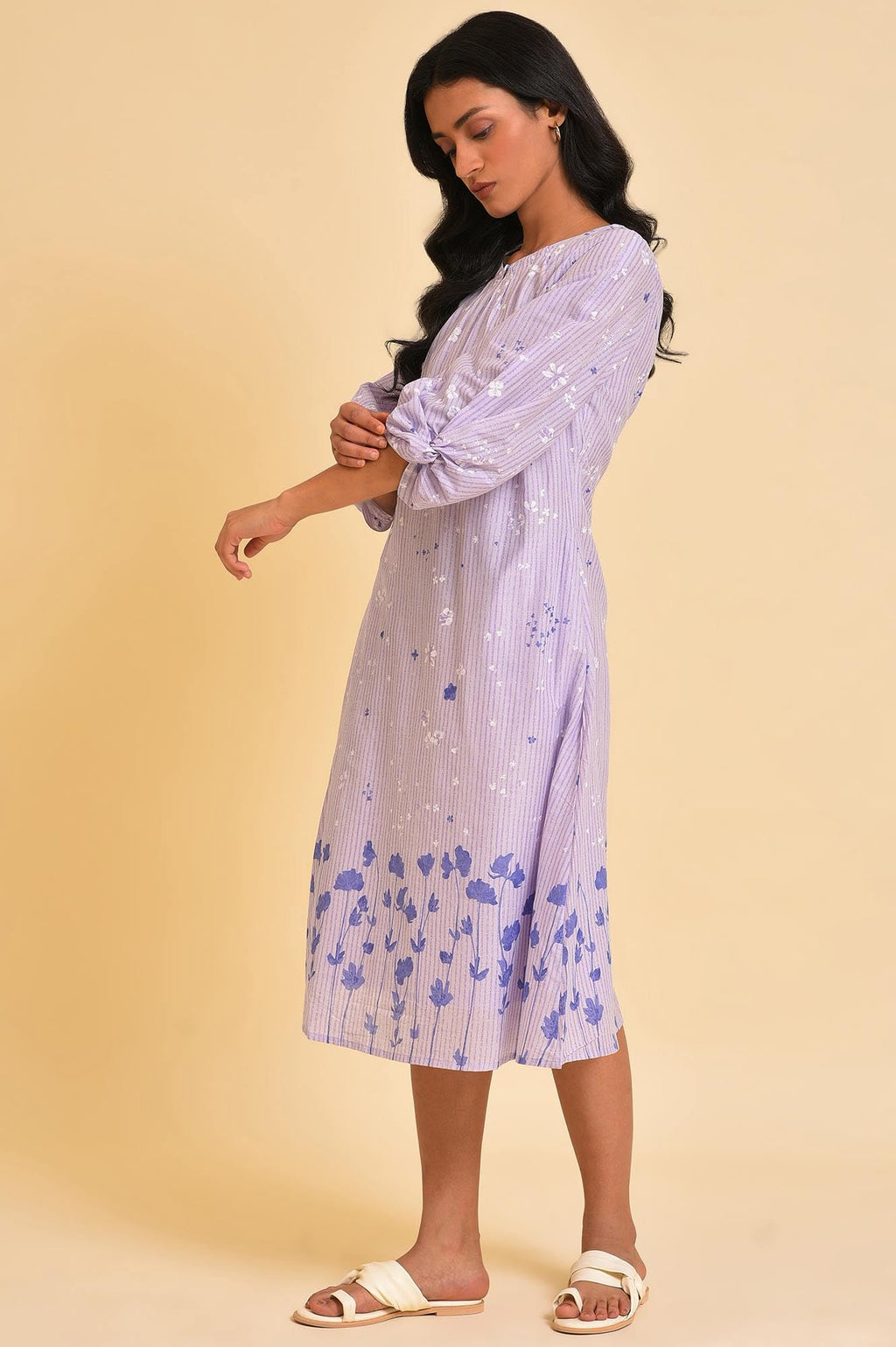 W For Woman Ecru Floral Printed Cotton A-Line Dress With Thread Embroidery