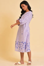 W For Woman Ecru Floral Printed Cotton A-Line Dress With Thread Embroidery