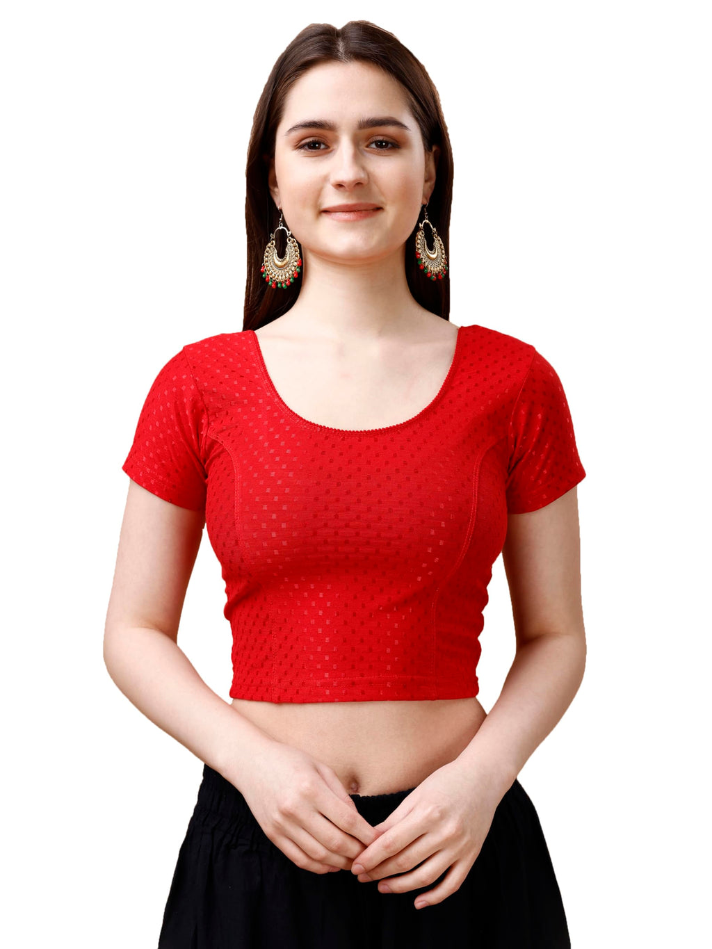 Pujia Mills WomenS Readymade Dobby Cotton Lycra Stretchable Round Neck Short Sleeve Blouse Fancy Red Color Lycra Stretchable Bl