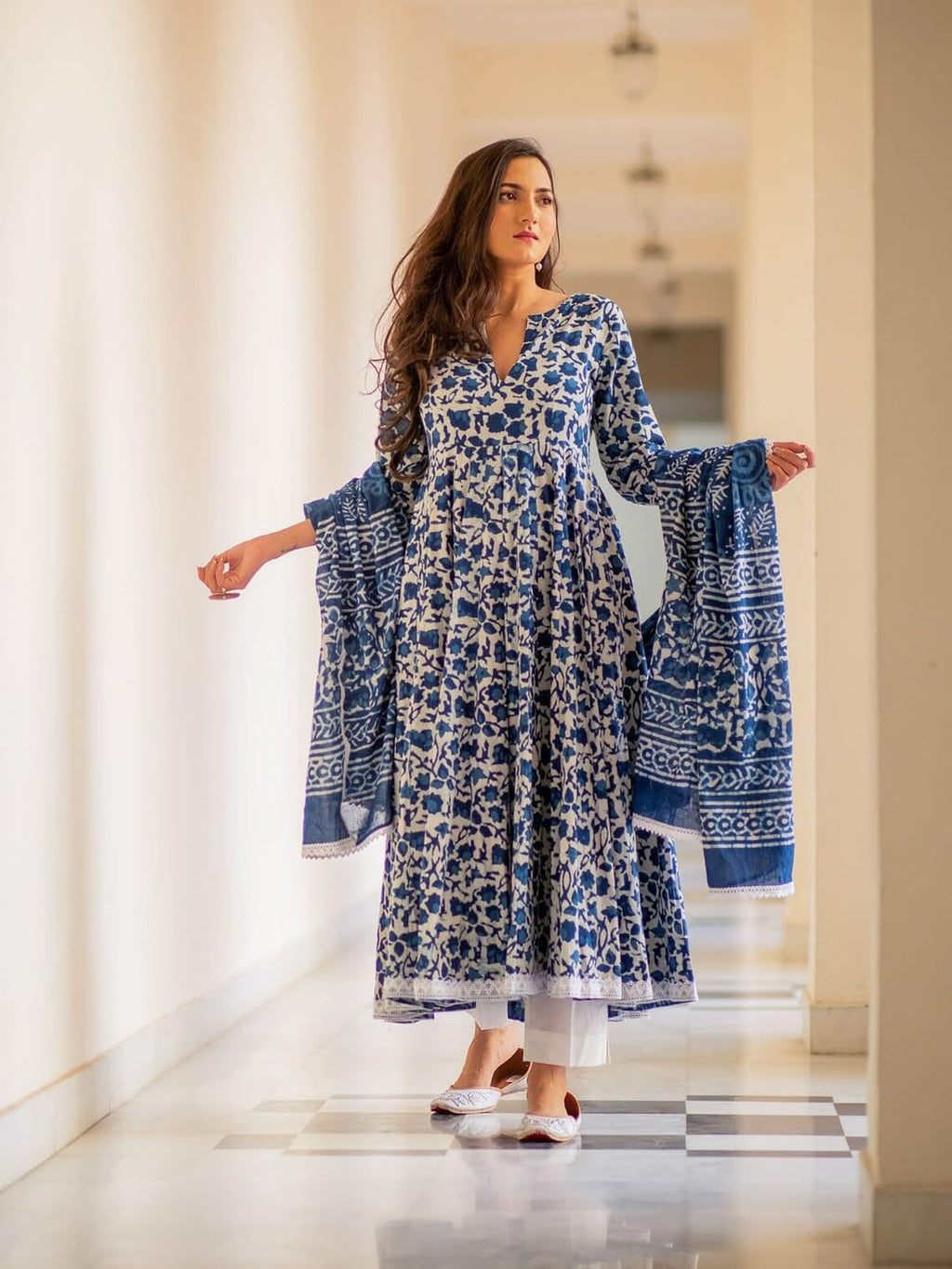 ANNI DESIGNER Womens Rayon Blend Anarkali Printed Kurta with Pant & Dupatta (YUTIKA Blue_L_Blue_Large)