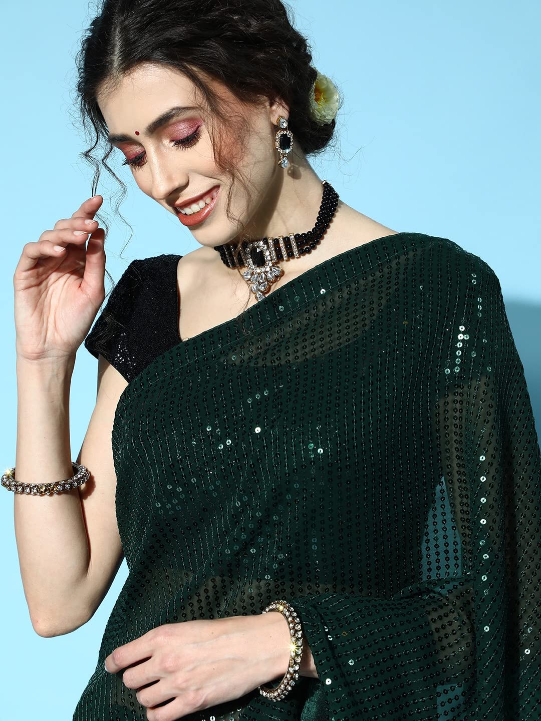Naixa Womens Green Georgette Silk Sequence Embroidery Saree with Unstitched Blouse Piece
