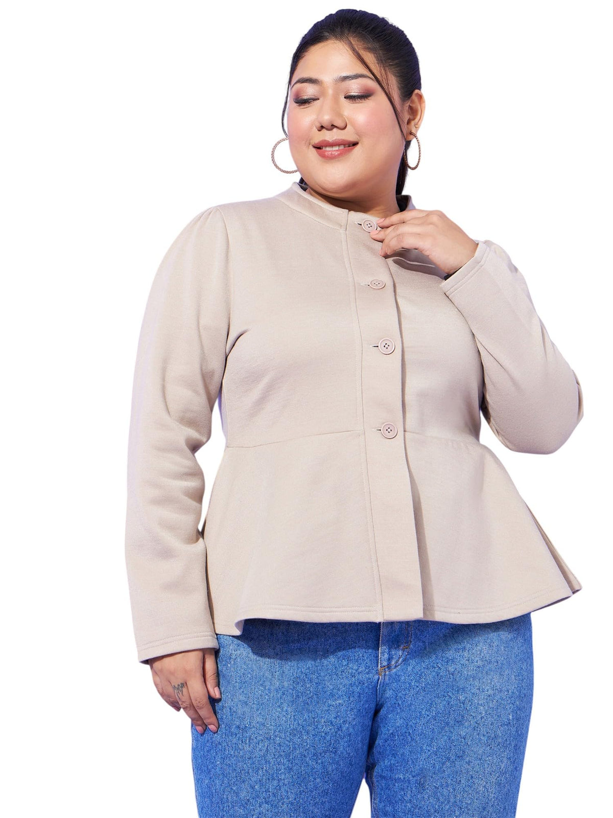 SASSAFRAS Curve Grey Fleece Button Peplum Jacket 5