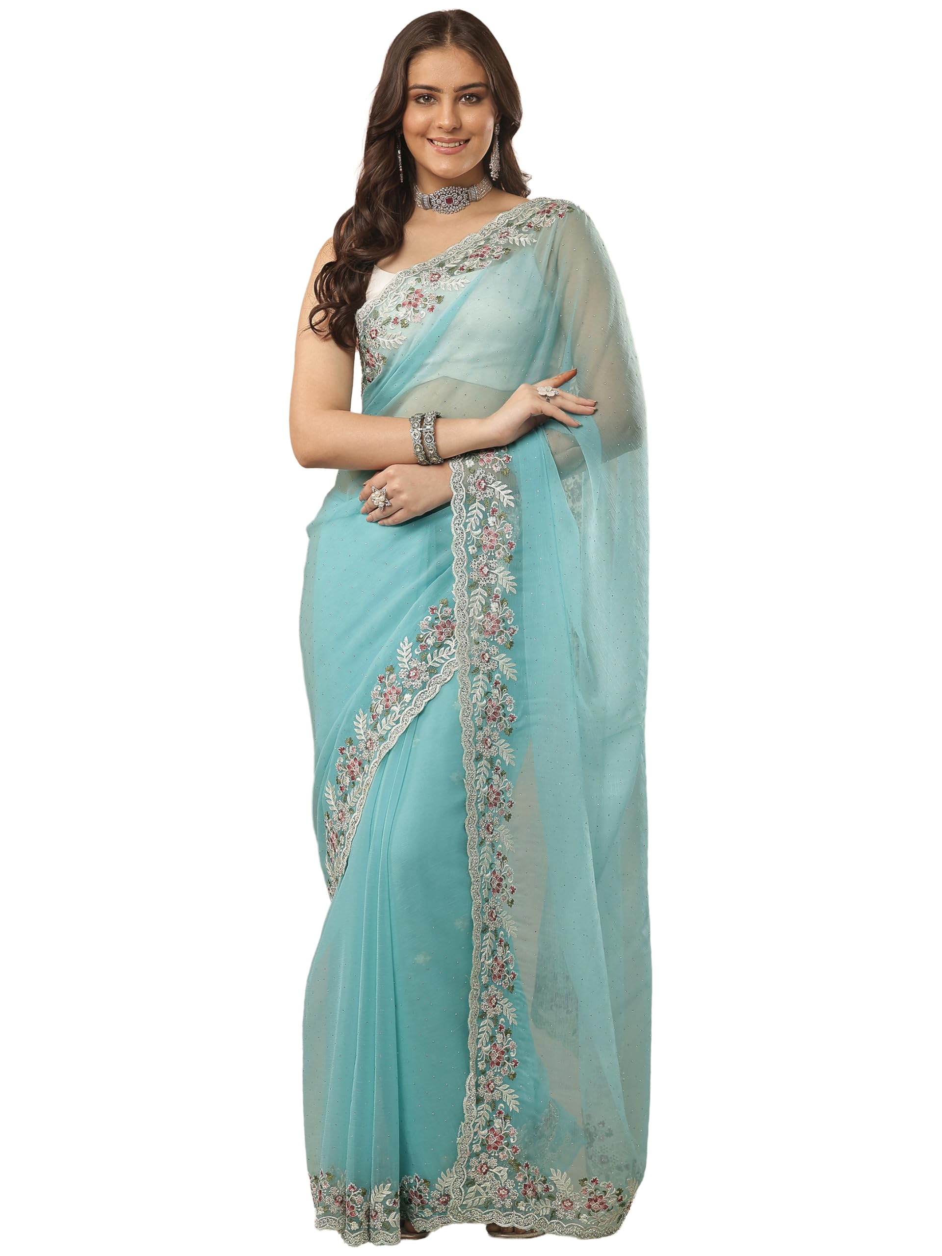 Libas Embroidered Chiffon Saree With Unstitched Blouse Piece
