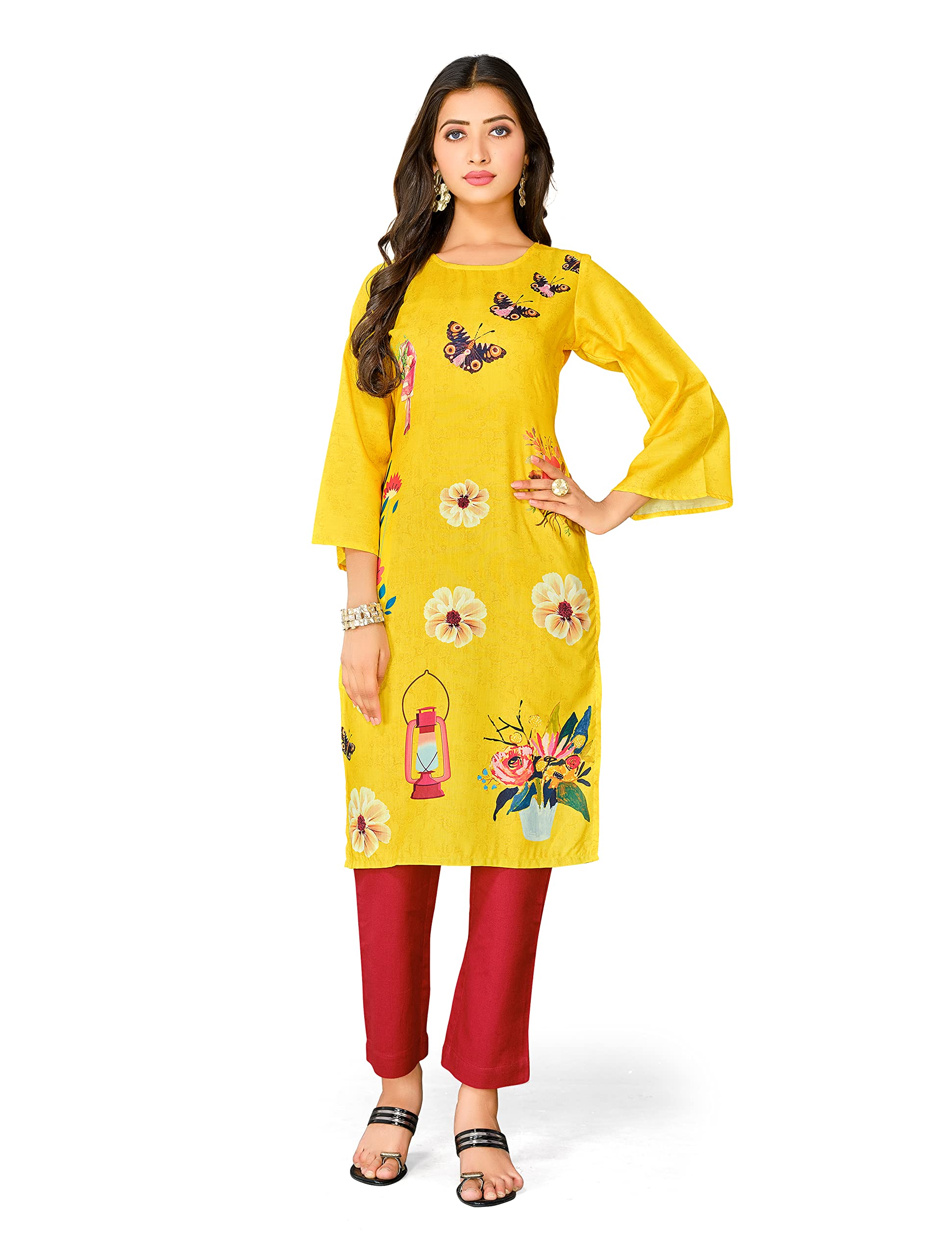 Womanista Women'S Polyester Abstract Regular Kurta (Kur508_Yellow_2Xl)
