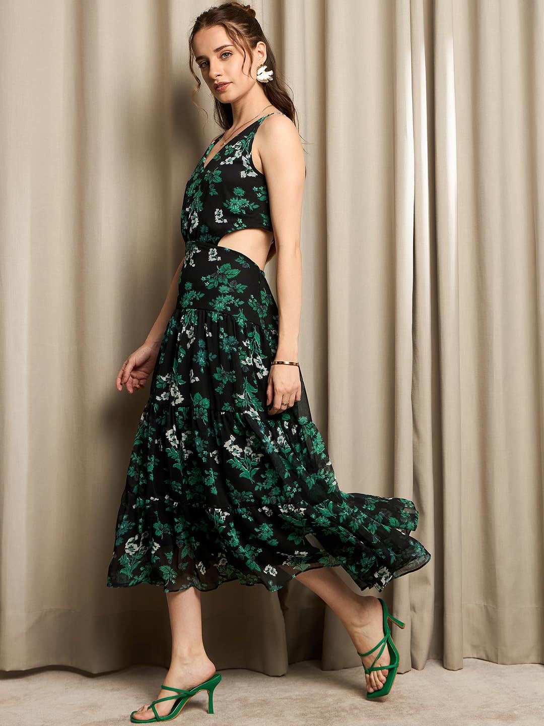 Rare WomenS Chiffon Fit And Flare Midi Dress (Ep8119_Black
