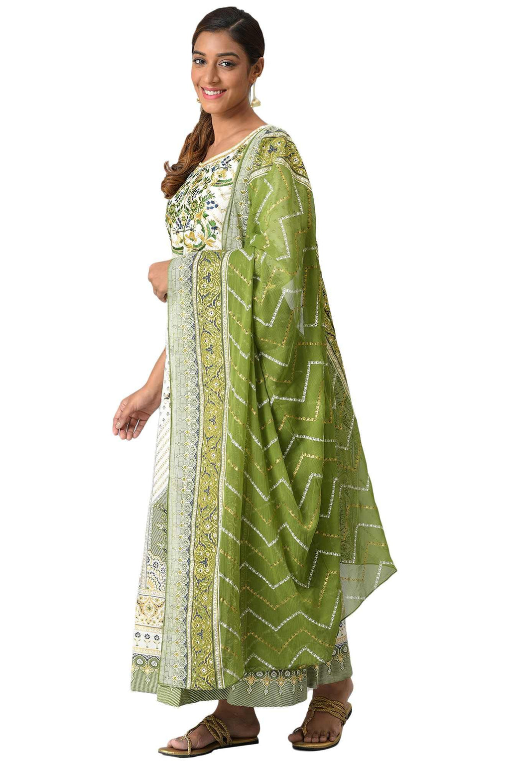 Aurelia Women Viscose Liva Floral Printed Flared Regular Kurta With Green Tights And Dupatta