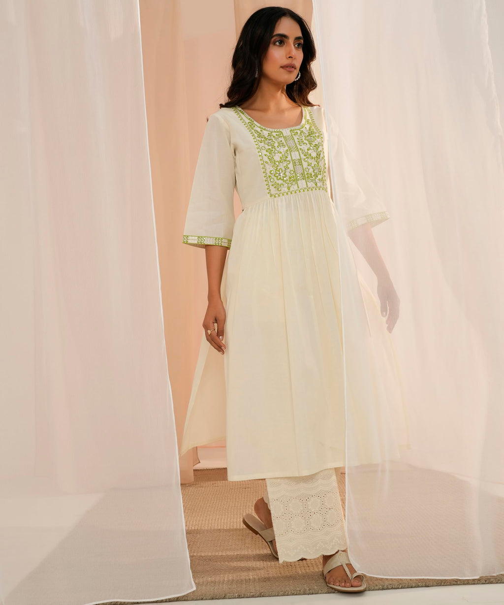 Libas WomenS Cotton Printed A-Line Kurta (26726_Off White
