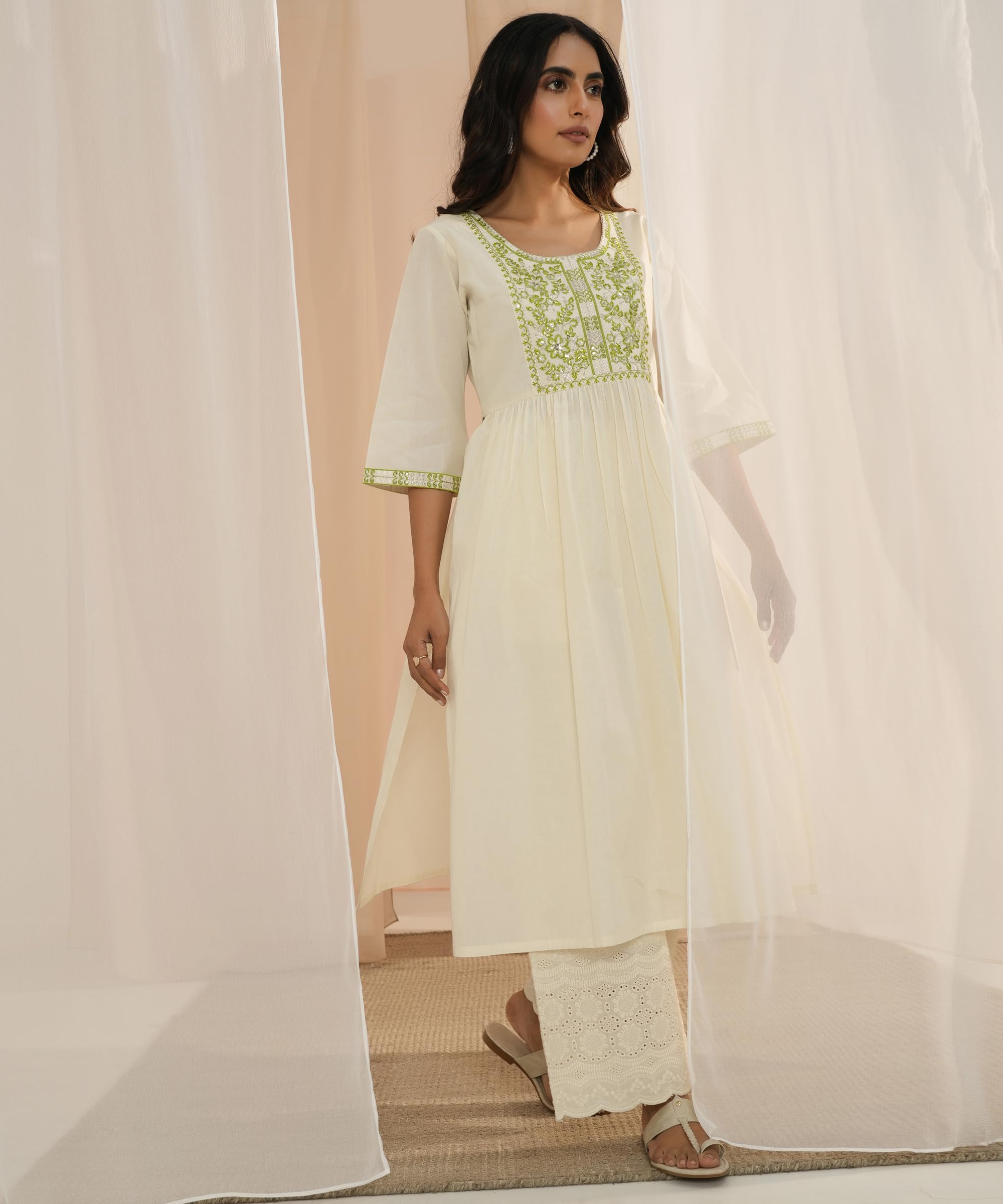 Libas WomenS Cotton Printed A-Line Kurta (26726_Off White